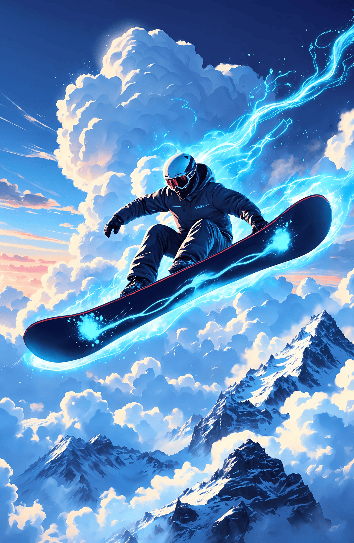 Snowboard Gliding Over the Clouds